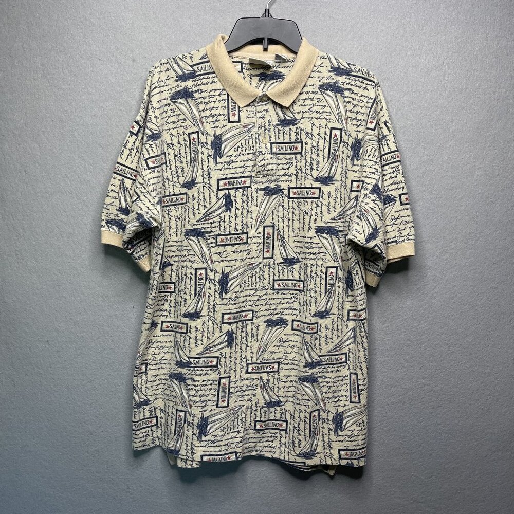 Cape Isle Knitters Mens Nautical Print Polo Shirt L Beige Blue Sailing Theme